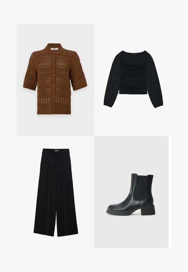 Cardigã de tricô castanho feito de tecido de crochê. Apresenta um decote com colarinho, mangas curtas e botões frontais com um padrão texturizado.; Top preto de manga longa com detalhe de tecido franzido na parte da frente e nos pulsos, feito de material suave e elástico com decote à barco.; Calças largas pretas com um tecido texturizado, uma cintura elástica e um laço destacável na cintura para um ajuste ajustável.; Bota de tornozelo em couro preto com painéis laterais elásticos, bico arredondado e um pequeno salto bloco. A superfície tem uma textura suave e um detalhamento mínimo.