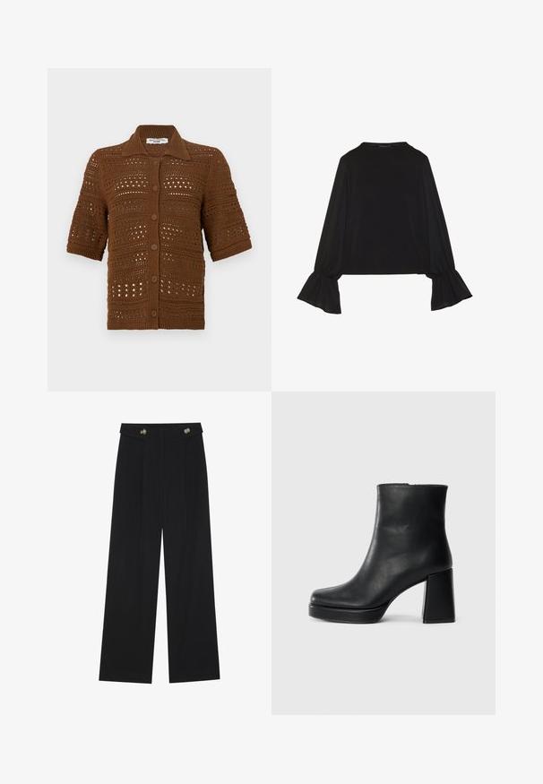 Cardigã de tricô castanho feito de tecido de crochê. Apresenta um decote com colarinho, mangas curtas e botões frontais com um padrão texturizado.; Top preto de mangas longas com punhos largos, textura suave e um corte descontraído, com um simples decote redondo.; Calças largas pretas com cintura alta, detalhes em botão na cintura e pregas frontais.; Bota de couro preta até ao tornozelo com salto bloco e sola com plataforma, vista de lado sobre um fundo branco liso.