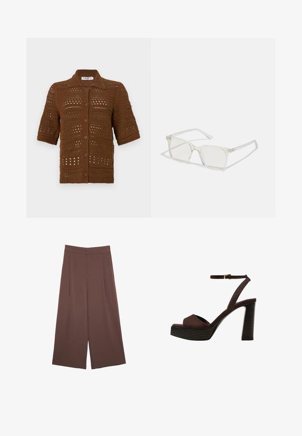 Smeđi pleteni kardigan izrađen od kukičane tkanine. Ima ovratnik, kratke rukave i prednje dugmad s teksturiranim uzorkom.; Smeđi kratki rukav majica od mekog materijala, s okruglim izrezom i opuštenim krojem. Nema vidljivih uzoraka ili naglasaka.; Smeđe hlače širokog kroja s glatkom teksturom, koje imaju visok struk i nabore sprijeda. Tkanina je lagana i slobodno se kreće.; Smeđe zamšaste sandale s visokim potpeticama, otvorenim prstima, podesivom trakicom oko gležnja i prugastom platformom.; Prozirne plastične naočale kvadratnog okvira s prozirnim lećama, koje sadrže zlatne akcentne detalje na drškama.