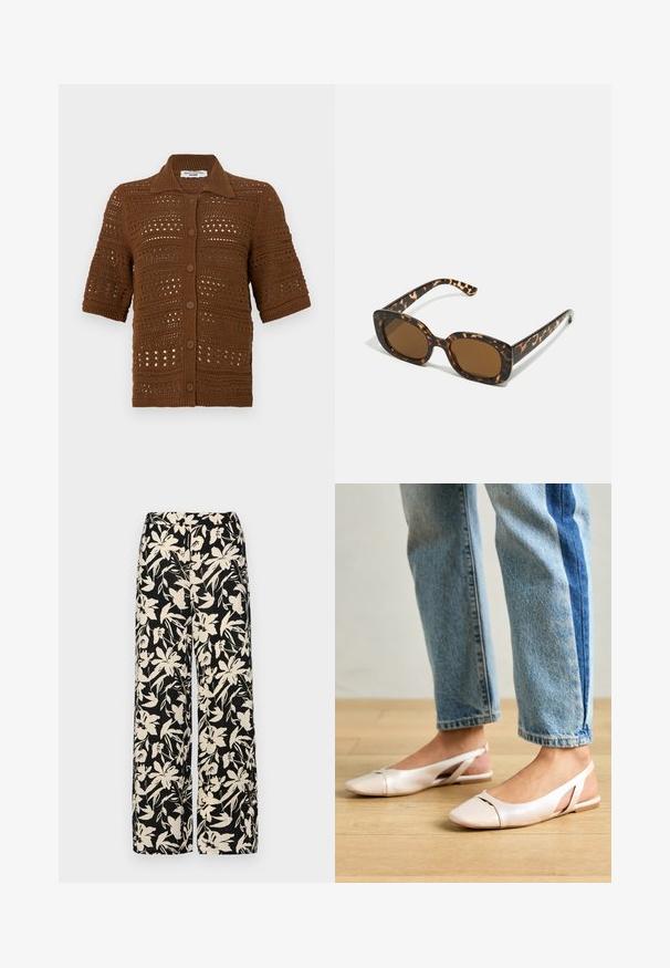 Brown knit cardigan made of crocheted fabric. Features a collared neckline, short sleeves, and front buttons with a textured pattern.; White short-sleeve T-shirt made of soft cotton. Features a round neckline and relaxed fit. Clean design with no visible patterns or accents.; Black wide-leg pants with a cream floral pattern. Made of lightweight fabric, featuring a smooth texture and a high waistband.; Pale pink slingback flats with a pointed toe, made from a smooth leather-like material. Features cut-out details at the sides and a flat heel.; Tortoiseshell sunglasses with a rounded, chunky frame and brown lenses. Features subtle patterns and straight, tapered arms.