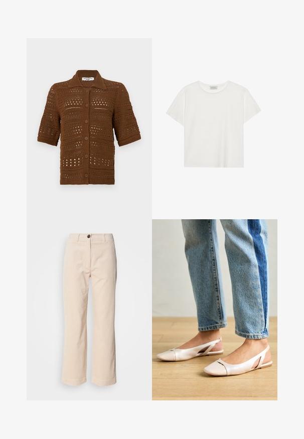 Brun strikket cardigan laget av heklet stoff. Har kragehals, korte ermer og frontknapper med et teksturert mønster.; Hvit T-skjorte med kort erm laget av myk bomull. Har rund hals og avslappet passform. Rent design uten synlige mønstre eller aksenter.; Beige kordfløyelsbukser med rette ben, frontknapplukning og synlige sidelommer på hvit bakgrunn.; Lys rosa slingback leiligheter med spiss tå, laget av et glatt, læraktig materiale. Har utskjæringer på sidene og lav hæl.