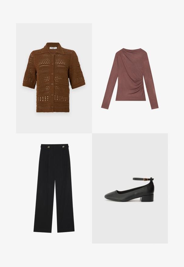 Smeđi pleteni kardigan izrađen od kukičane tkanine. Ima ovratnik, kratke rukave i prednje dugmad s teksturiranim uzorkom.; Duga majica u umirujućoj boji mauve, s drapiranim detaljem na leđima i blagim naborima sa strane. Izrađena od mekanog, laganog materijala.; Crne hlače širokih nogavica s visokim strukom, s dugmadi na pojasu i prednjim nabora.; Crne kožne pumpe s oštrim vrhom i niskom blok petom. Sadrže remen oko gležnja s zlatnim kopčanjem. Glatka tekstura.