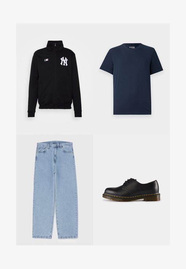 Must räbaline must jakke, mis on valmistatud pehmest kangast, kõrge kaelusega, kahe küljetaskuga ja valge brodööritud New York Yankeesi logoga rinnal.; Tumed sinine puuvillane T-särk ümmarguse kaelusega ja lühikeste varrukatega. Omab lihtsat disaini ilma mustrite või kaunistusteta.; Heled sinise denimi sirgete põlvede lõikega teksad, millel on keskmise kõrgusega vöökoht, viis taskut ning nööbid ja tõmblukk.; Musta nahkne saabas ümarate varvastega, nööridega kinnise disainiga, kollase õmblusega tallal ja paksu, tekstuurse kummist tallaga.