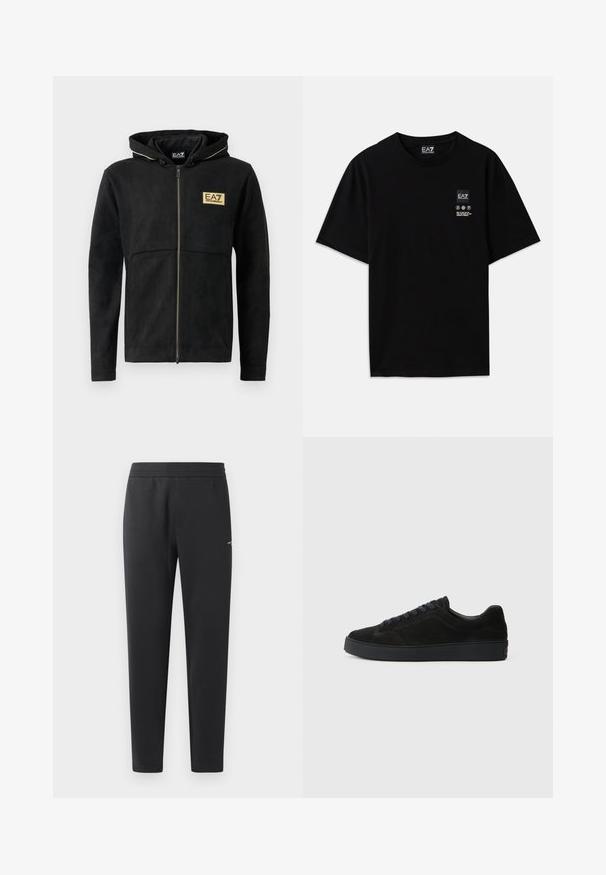 Svart hettejakke med glidelås laget av mykt materiale, med et gulllogo på brystet, kontrastglidelås og hette med snor.; Svart bomulls t-skjorte med kort erm, rund hals og et lite logo-merke foran med pleiesymboler i hvitt.; Sorte joggebukser laget av myk stoff, med elastisk midjebånd, rette ben og en liten logo detalj på siden.; Svart semsket sneaker med en flat, teksturert såle, rund tupp, seks hull for snøring og et minimalistisk design.