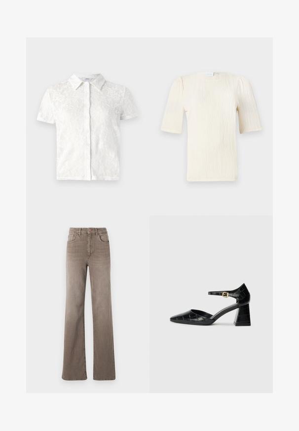 Fehér, rövid ujjú blúz virágos csipke mintával, galléros kialakítással, gombos elülső zárással és texturált anyaggal.; Rövid ujjú, krémszínű blúz texturált hullámmintával. Kerek nyakú és finoman gyűrött részletekkel az ujjaknál. Könnyű anyag.; Barna, magas derekú, egyenes szárú farmernadrág elülső gombbal, övhurkokkal és klasszikus öt zsebes kialakítással, fehér háttér előtt.; Fekete lakkbőr magassarkú cipő hegyes orral, bokapánttal és texturált krokodilmintával. Négyzet alakú blokk sarok kialakítás.