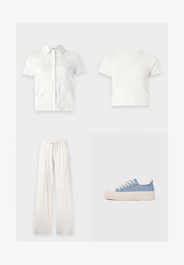 Fehér, rövid ujjú blúz virágos csipke mintával, galléros kialakítással, gombos elülső zárással és texturált anyaggal.; Rövid, fehér, pamut póló, rövid ujjakkal, kerek kivágással és egyenes szegéllyel, sima textúrával és letisztult dizájnnal.; Világos bézs színű, puha anyagból készült melegítőnadrág, állítható derékkal, széles lábakkal és függőleges varratokkal, sima felülettel.; Világoskék vászon sportcipők, krémszínű gumitippel és talppal, fehér fűzőkkel és egy húzófüllel a sarkán.