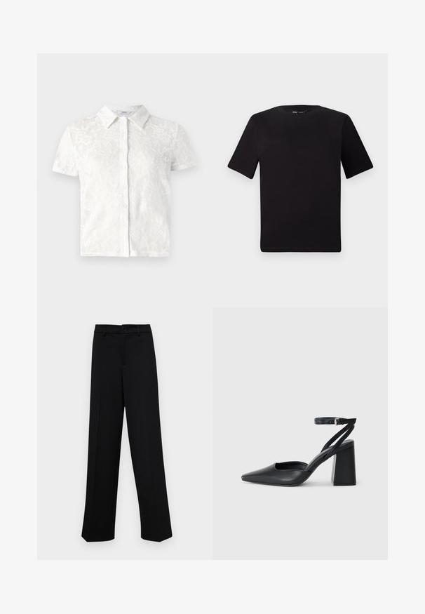Fehér, rövid ujjú blúz virágos csipke mintával, galléros kialakítással, gombos elülső zárással és texturált anyaggal.; Fekete, rövid ujjú póló, kerek nyakkal, puha pamutból készült. Egyszerű dizájn, nincs látható logó vagy minta.; Fekete, széles szárú nadrág sima anyagból, klasszikus derékrésszel, gombzárral és elülső redőkkel.; Fekete bőr, hegyes orrú magassarkú cipő boka pánttal és vastag sarokkal. Sima textúra, elegáns dizájn és minimális esztétika.