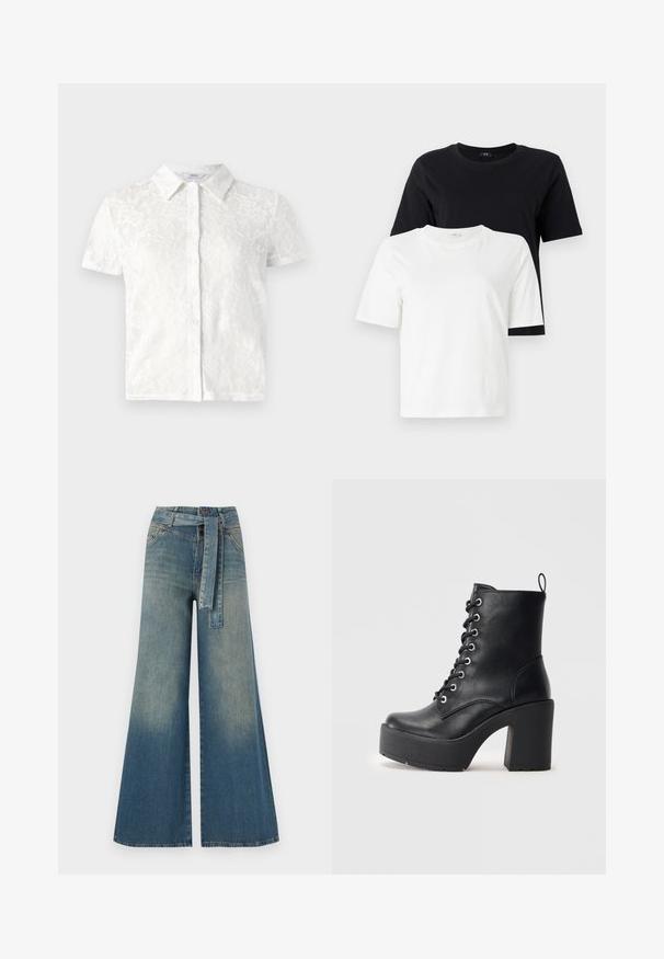 Bluză albă cu mâneci scurte, cu model din dantelă florală, design cu guler, închidere cu butoane și material texturat.; Tricouri din bumbac alb și negru. Guler rotund, mâneci scurte, croială lejeră. Tricoul negru este expus deasupra tricoului alb.; Pantaloni din denim largi, cu un gradient de la albastru deschis la albastru închis, talie înaltă, bucle pentru curea și o curea din același material. Finisaj texturat din denim.; Cizmă din piele neagră până la gleznă, cu toc chunky și un aspect texturat, având sistem de prindere cu șireturi în partea din față. Include o bandă în spate pentru o purtare ușoară.