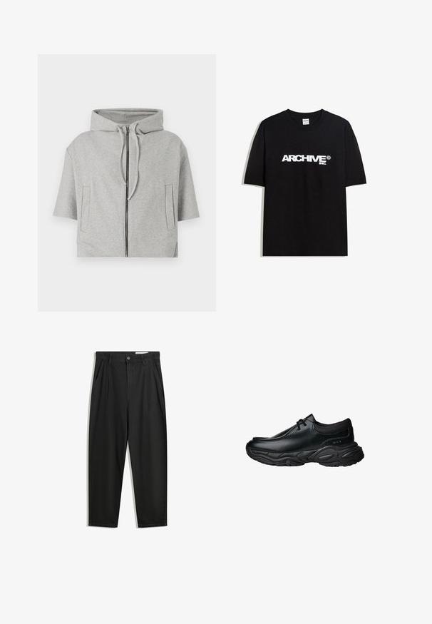 Felpa grigia con cappuccio, chiusura a zip, maniche corte e due tasche laterali, realizzata in materiale morbido e caratterizzata da un design minimalista.; T-shirt in cotone nero con il logo bianco "ARCHIVE inc." stampato sul petto, maniche corte e colletto a girocollo.; Pantaloni in cotone neri con una vestibilità rilassata, dotati di una vita classica, pieghe frontali e tasche laterali. Tessuto liscio senza fantasie.; Scarpe slip-on in pelle nera con punta arrotondata e suola in gomma spessa e testurizzata. Presentano cuciture sottili e dettagli in elastico sul colletto.