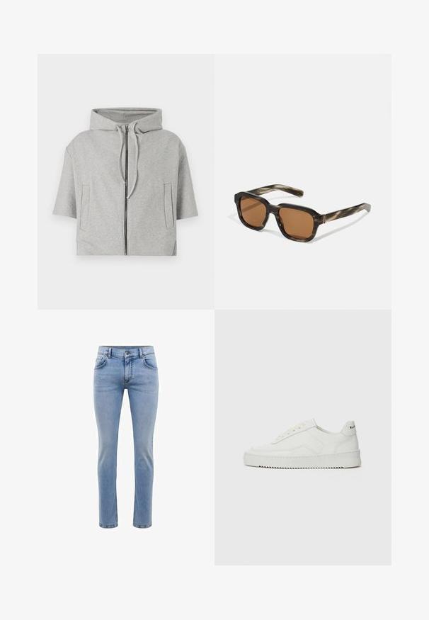 Felpa grigia con cappuccio, chiusura a zip, maniche corte e due tasche laterali, realizzata in materiale morbido e caratterizzata da un design minimalista.; T-shirt bianca a maniche corte in cotone con scollatura rotonda. Design semplice senza fantasie o accenti. Texture liscia.; Jeans in denim blu chiaro con vestibilità slim, cinque tasche e design a gamba dritta. Presenta un'apertura con zip e passanti per cintura. Texture morbida.; Sneaker in pelle bianca con una finitura liscia, punta rotonda, lacci piatti e suola testurizzata. Presenta un logo discreto sul tallone.; Occhiali da sole in plastica con motivo tartaruga, lenti marroni ottagonali e sottili dettagli in metallo dorato sulla montatura.