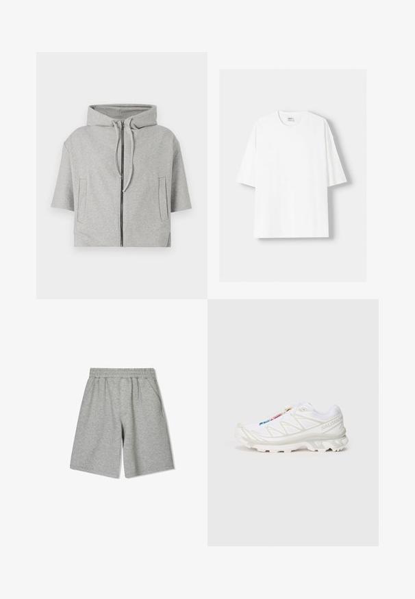 Šedá mikina s kapucí a zipovým uzávěrem, krátkými rukávy a dvěma bočními kapsami, vyrobená z měkkého materiálu, s minimalistickým designem.; Bílá krátkosrstá tričko s krátkým rukávem vyrobené z bavlny, se zaobleným výstřihem a volným střihem. Hladká textura, bez viditelných vzorů nebo akcentů.; Šedé bavlněné šortky s elastickým pasem, s bočními kapsami a volným střihem. Hladká textura a délka ke kolenům.; Bílé sportovní boty s texturovaným síťovaným svrškem, reflexními akcenty a polstrovanou podešví. Výrazné logo značky na boku.