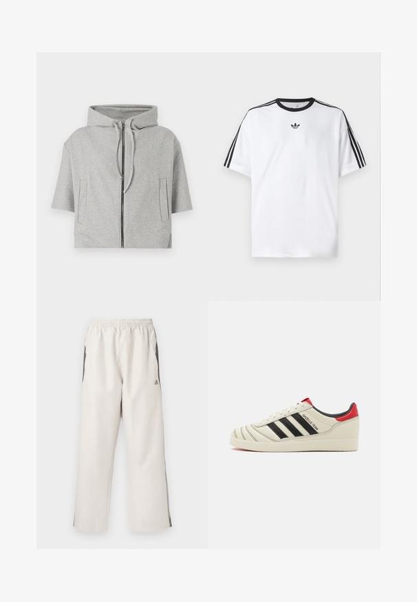 Pelēka kapucīne ar rāvējslēdzēju, īsām piedurknēm un divām sānu kabatām, izgatavota no mīksta materiāla, ar minimālistisku dizainu.; Baltā T-krekla izgatavots no kokvilnas, ar melnu apaļu kakla izgriezumu un trim melnām svītrām uz katra pleca. Mazs melns logo uz krūtīm.; Gai beigā krāsa sporta bikses ar elastīgu jostu, sānu kabatām, melniem sānu svītrām un Adidas logotipu kreisajā augšstilbā. Gluda auduma tekstūra.; Krēmkrāsas ādas kedas ar melnām svītrām, sarkanu papēža akcentu un teksturētām detaļām. Aprīkotas ar gumijas zoli un auklīšu aizdari.