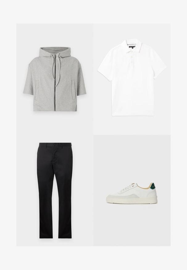 Szürke kapucnis pulóver cipzárral, rövid ujjú, két oldalsó zsebbel, puha anyagból készült, minimalista dizájnnal.; Fehér pólóing légáteresztő pamutkeverékből, gallérral, rövid ujjú, háromgombos nyakkal. Simább textúra, nincs mintázat.; Fekete pamut nadrág egyenes láb kialakítással, elülső gombos zárással és oldalsó zsebekkel, sima textúrával, látható minták nélkül.; Fehér sneaker suédé részletekkel, kerek orral, lapos fűzőkkel és krémszínű gumitalppal. Zöld logó található a sarkán.