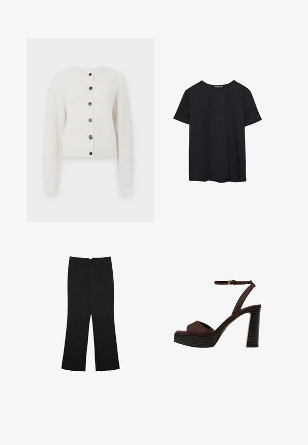 Mehakava bela pletena jopica z dolgimi rokavi, rebrastimi manšetami in robom ter šestimi temnimi gumbi po sprednjem srednjem delu.; Enostavna črna bombažna majica s kratkimi rokavi in okroglim izrezom, prikazana na belem ozadju.; Črne hlače ravnega kroja z naglavnimi žepi in stranskimi razporki na robu. Narejene iz mehke, gladke tkanine. Primerne za različne priložnosti.; Rjave semiš sandale z visoko peto, odprto spredaj, z nastavljivim gležnjenjem in črtastim podplatom.