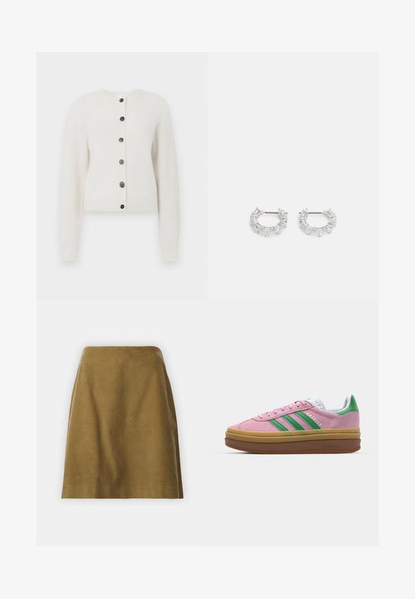 Mehakava bela pletena jopica z dolgimi rokavi, rebrastimi manšetami in robom ter šestimi temnimi gumbi po sprednjem srednjem delu.; Dve brezrokavne majice v črni in beli barvi, izdelane iz rebrastega bombaža, z okroglimi izrezi in prilegajočim oblikovanjem. Oznake so vidne na obeh.; Selected Femme SLFJENNY NEWIBI SKIRT - Krilo A-kroja - camel; Roza semširna športna obutev z zelenimi črtami, belimi detajli in rjavim gumijastim podplatom. Ima teksturovan material in logotip na strani.; Srebrni obročasti uhani, ki vsebujejo prozorne, pravokotne in trikotne kristale, razporejene v vzorčnem dizajnu. Imajo nastavke za varno pritrjevanje.