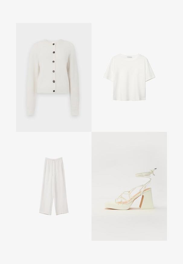 Měkký bílý pletený kardigan s dlouhými rukávy, žebrovanými manžetami a lemem a šesti tmavými knoflíky uprostřed vpředu.; Bílý krátký rukáv tričko vyrobené z bavlny. Má kulatý výstřih a volný střih. Hladký materiál bez viditelných vzorů nebo akcentů.; Bílé široké kalhoty vyrobené z lehké tkaniny. Mají elastický pas se šňůrkou a boční kapsy. Hladká textura.; Bílé sandály na vysokém podpatku s robustním podpatkem, s designem s pásky a zavazováním kolem kotníku. Hladký povrch s platformou vpředu pro zvýšení výšky.