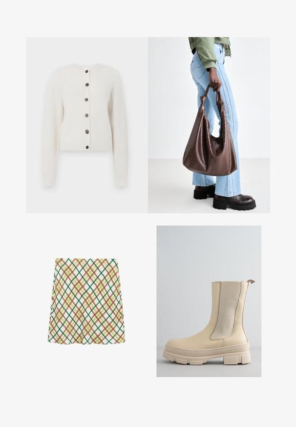 Weicher, weißer Strickcardigan mit langen Ärmeln, gerippten Bündchen und Saum sowie sechs dunklen Knöpfen in der Mitte vorne.; Junge Frau mit langen blonden Haaren, die ein ärmelloses weißes Top und schwarze Hosen trägt, steht vor einem schlichten hellen Hintergrund.; Weißer A-Linien-Rock mit grün-braun-gelben karierten Kreuzmustern, knielang, auf einem weißen Hintergrund präsentiert.; Beige Knöchelstiefel mit einem glatten Lederobermaterial und elastischen Seitenpaneelen. Verfügt über eine dicke, strukturiert Sohle mit einem Profil-Design und einem Zuglasche.; Braune gewebte Leder-Handtasche mit geknoteten Griffen, die von einer Person in hellblauen Jeans und schwarzen klobigen Schuhen getragen wird. Glatte, strukturierte Oberfläche.