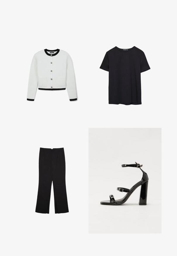 Weißer kurzer Cardigan mit einem schwarzen gerippten Kragen und Bündchen, ausgestattet mit silbernen Knöpfen, zwei Vordertaschen und einem strukturierten Strickdesign.; Einfaches schwarzes T-Shirt aus Baumwolle mit kurzen Ärmeln und Rundhalsausschnitt, auf einem weißen Hintergrund dargestellt.; Schwarze Hose mit geradem Schnitt, ausgestattet mit Fronttaschen und Seitenschlitzen am Saum. Hergestellt aus weichem, glattem Stoff. Geeignet für verschiedene Anlässe.; Schwarze Lackleder-Sandalen mit hohen Absätzen, zwei Riemen mit Schnallen, quadratischer Zehenpartie und klobigem Blockabsatz, mit einer glatten, glänzenden Textur.