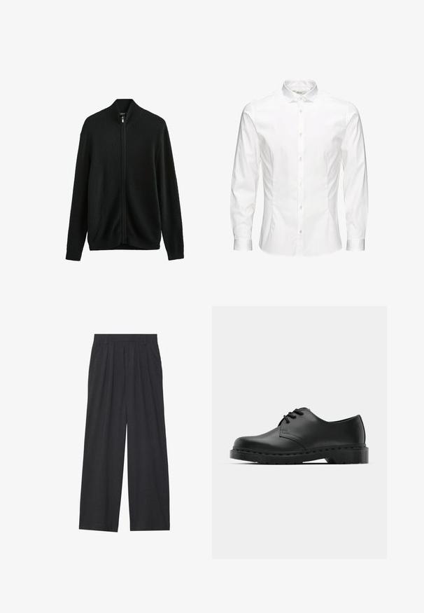Next Strickjacke - black; Weißes langärmeliges Hemd mit Knopfleiste aus glattem Stoff. Verfügt über einen klassischen Kragen, eine durchgehende Knopfleiste und Ein-Knopf-Manschetten. Figurbetonter Schnitt.; Weit geschnittene Hosen aus dunkelgrauem Stoff. Merkmale sind Falten an der Taille, ein maßgeschneiderter Schnitt und eine gerade Silhouette.; Schwarze Leder-Oxford-Schuhe mit Schnürdesign, runder Zehenform, flacher Gummisohle und subtilen Nähten entlang des oberen Teils.