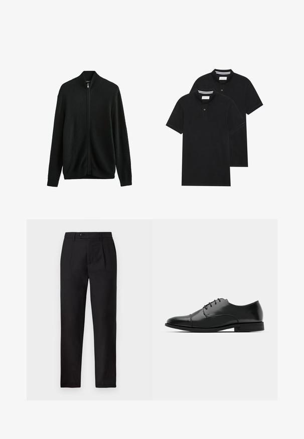 Next Cardigan - black; Due magliette polo nere, con maniche corte, in cotone, con colletto classico, pattina a due bottoni e dettagli a righe bianche all'interno del colletto.; Pantaloni neri realizzati in tessuto testurizzato, caratterizzati da un taglio dritto, pinces frontali e una chiusura con un bottone in vita.; Scarpa da uomo in pelle nera con punta rotonda, design con lacci, dettagli di cucitura discreti e tacco basso. Texture liscia con finitura lucida.