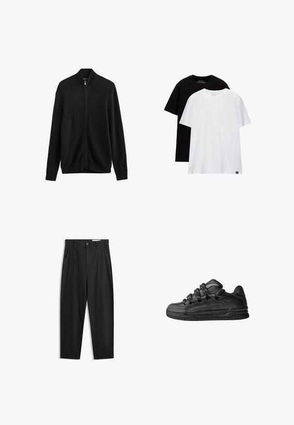 Next Kofta - black; Två t-shirts med regular fit, en svart och en vit, tillverkade av bomull. Varje t-shirt har rund halsringning och korta ärmar. Enkel design utan mönster.; Svarta bomullsshorts med avslappnad passform, med en klassisk midja, framveck och sidfickor. Slät textur utan mönster.; Svarta sneakers med ovandel i slät läder, texturerade detaljer och runda svarta och vita snören. Tjock gummisula med ett mönstrat mönster.