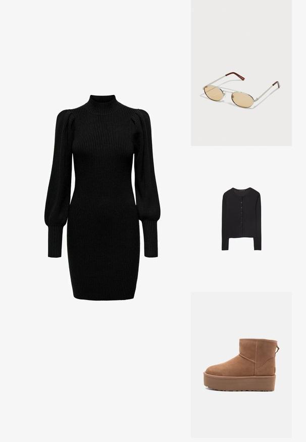 Stradivarius LONG SLEEVE - Strickjacke - black; Schwarzes Strickkleid mit hohem Kragen, langen Puffärmeln und gerippter Textur. Enganliegende Form, die bis zur Mitte des Oberschenkels reicht. Keine sichtbaren Muster oder Akzente.; Beige Wildleder-Ankle-Boot mit Plateausohle, abgerundetem Zehenbereich und abgesteppten Akzenten; verfügt über eine Zuglasche hinten für einfaches An- und Ausziehen.; Metallsonnenbrille mit ovalen, hellbraun getönten Gläsern. Schlanker silberner Rahmen mit strukturierten Akzenten und rötlich-braunen Spitzen an den Bügeln.