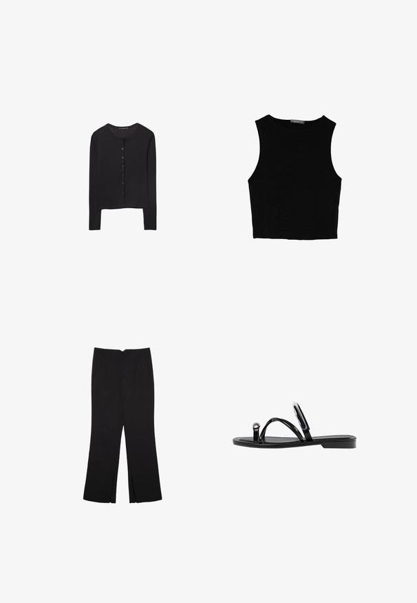 Stradivarius LONG SLEEVE - Jopica - black; Črn brez rokavov crop top, izdelan iz gladkega materiala, z okroglim izrezom in čistim, preprostim dizajnom brez vzorcev ali dodatkov.; Črne hlače ravnega kroja z naglavnimi žepi in stranskimi razporki na robu. Narejene iz mehke, gladke tkanine. Primerne za različne priložnosti.; Črne ravne sandale s sijajno končno obdelavo, tremi tankimi trakovi in okroglo kovinsko podrobnostjo na prstih. Elegantna zasnova z minimalnim peto.
