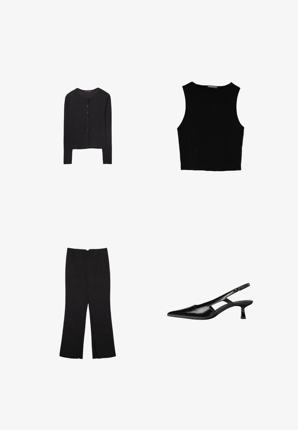 Stradivarius LONG SLEEVE - Strickjacke - black; Schwarzes ärmelloses Crop-Top aus glattem Stoff, mit rundem Ausschnitt und einem klaren, schlichten Design ohne Muster oder Beschläge.; Schwarze Hose mit geradem Schnitt, ausgestattet mit Fronttaschen und Seitenschlitzen am Saum. Hergestellt aus weichem, glattem Stoff. Geeignet für verschiedene Anlässe.; Schwarze Lackleder-Slingback-High Heels mit spitzer Zehenform, ausgeschnittenem Seitendesign und kleinem Blockabsatz. Glatte Textur mit minimalen Akzenten.