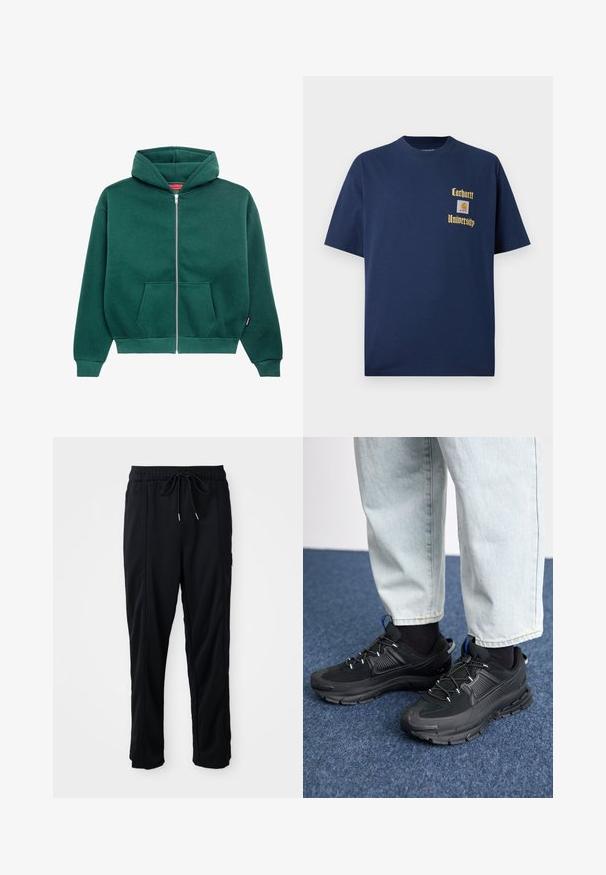 Zöld, cipzáras kapucnis pulóver, puha anyagból készült, kapucnival, elülső zsebekkel, bordás mandzsettákkal és aljjal. Egyszerű, egyszínű dizájn.; Sötétkék pamut póló rövid ujjal, arany színű "Carhartt University" felirattal és logóval a bal mellen.; Fekete húzózsinóros, kényelmes nadrág oldalsó varrású zsebekkel és egyenes szabással, egyszínű háttéren.; Fekete sportcipők texturált anyaggal és gumitalppal, elasztikus fűzőkkel és kék kiegészítővel a saroknál. Világos farmernadrággal viselve.