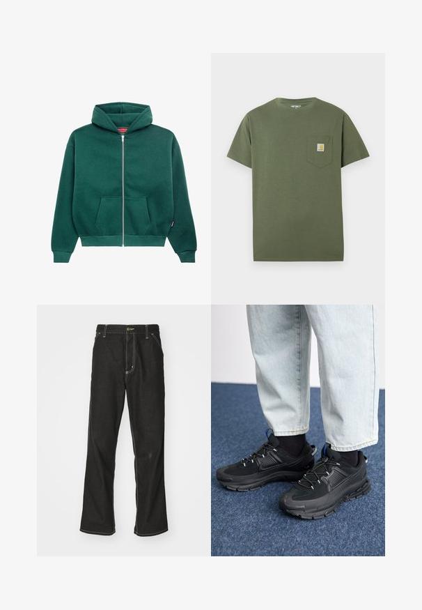 Zaļa pārvelkama kapuce, izgatavota no mīksta auduma, ar kapuci, priekšējām kabatām un ribotām aprocēm un apakšmalu. Vienkāršs, vienkrāsains dizains.; Olīvzaļš kokvilnas T-krekls ar noapaļotu apkakli, īsām piedurknēm un krūšu kabatu ar logotipa uzšuvumu. Skaists, minimālisma dizains.; Melni džinsi ar brīvu piegriezumu, ar kontrastējošu baltu diegu, pogu aizdari un taisnu kāju dizainu.; Melni sporta apavi ar strukturētu audumu un gumijas zoli, ar elastīgām auklām un zilu akcentu uz papēža. Nēsāti ar gaišām džinsu biksēm.
