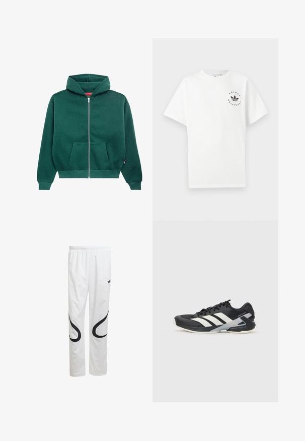 Sudadera verde con cremallera hecha de una tela suave, que cuenta con una capucha, bolsillos frontales y puños y dobladillo de canalé. Diseño simple de color sólido.; Camiseta de algodón blanca con mangas cortas, cuello redondo y logo negro de Adidas Originals impreso en el lado izquierdo del pecho.; Pantalones deportivos blancos con una textura suave, que presentan diseños curvados en negro a los lados y un logo negro cerca de la cintura.; Zapatilla deportiva negra con franjas blancas, parte superior de malla, punta redondeada y suela acolchada. Presenta un talón texturizado y un sistema de cordones seguro.