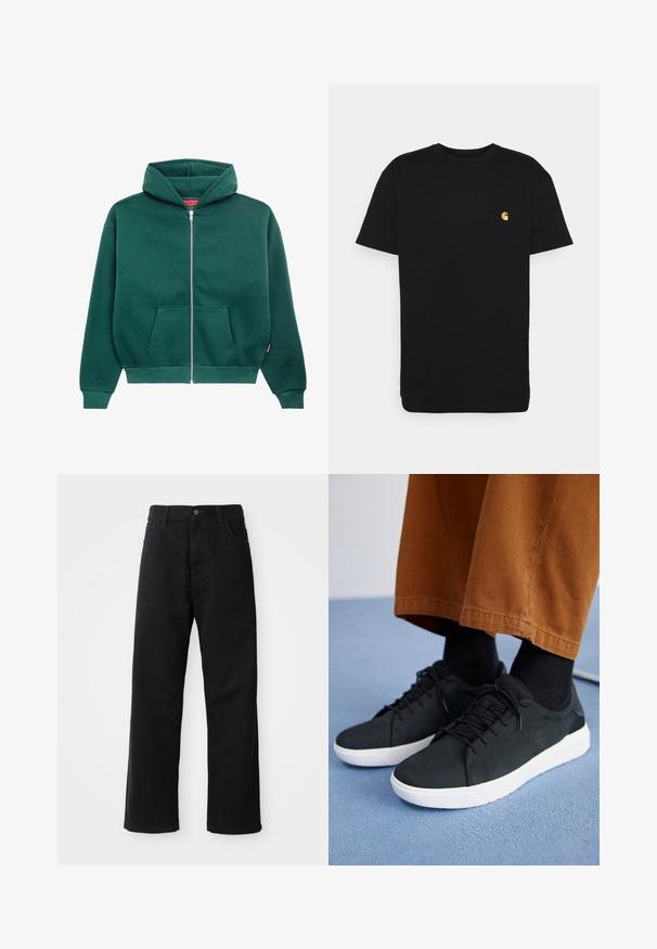 Zaļa pārvelkama kapuce, izgatavota no mīksta auduma, ar kapuci, priekšējām kabatām un ribotām aprocēm un apakšmalu. Vienkāršs, vienkrāsains dizains.; Melna kokvilnas T-kreklā īsas piedurknes, apaļa apkakle un neliels dzeltenais logotips kreisajā krūtī. Vienkāršs dizains un parasta paveida.; Melnas džinsu bikses ar taisnu griezumu, ar priekšējiem kabatām, rāvējslēdzēju un vienu augšējo pogu. Tekstūrēta auduma matēta virsma.; Melnas zamšādas kedas ar baltām gumijas zolēm, ar saistāmām auklām, tekstūrētām detaļām un diskrētu zīmolu, apvienotas ar brūniem biksēm.