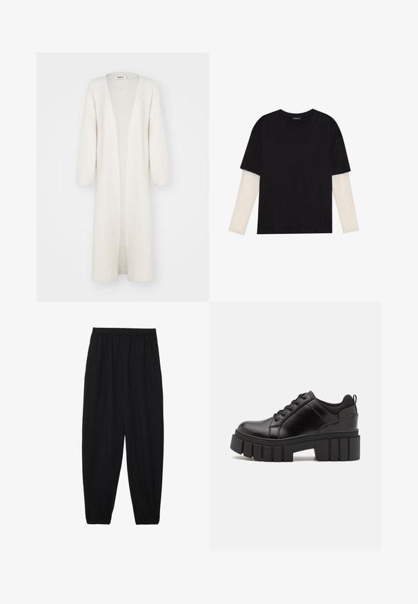 ONLY ONLALPHA MAXI CARDIGAN - Chaqueta de punto - pumice stone melange; Camiseta negra de algodón, con mangas cortas sobre una capa blanca de manga larga con un patrón texturizado sutil. Diseño de escote redondeado.; Pantalones negros, ligeros, con cintura elástica y tobillos fruncidos. La tela es suave y presenta un diseño relajado y ajustado.; Zapatos de plataforma de cuero negro con un tacón cuadrado grueso, punta redonda y diseño tradicional de cordones. Presenta una textura suave y un detalle minimalista.