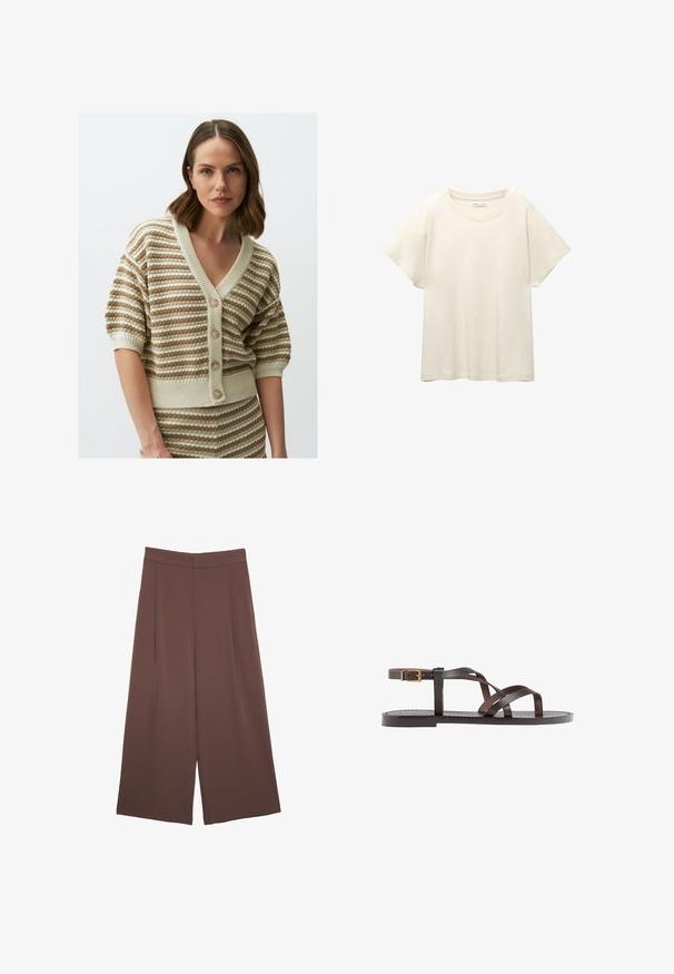 Gestreepte cardigan in beige en crème, met een V-hals, korte mouwen en knoopsluiting. Geweven textuur met geribde zoom en manchetten.; Lichtbeige t-shirt met korte mouwen en een ronde halslijn, gemaakt van zachte, gladde stof. Heeft een ontspannen pasvorm en een rechte zoom.; Bruine wijde broek met een gladde textuur, voorzien van een hoge taille en plooien aan de voorkant. De stof is lichtgewicht en valt losjes.; Bruine leren sandaal met kruisingen van banden, een enkelgesp-sluiting en een platte zool met minimale stikdetails.