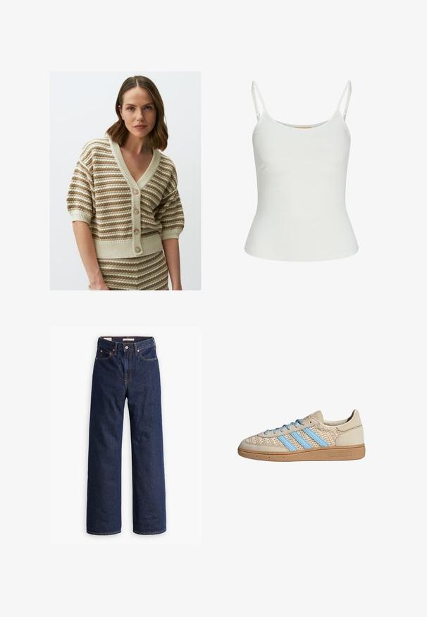 Cardigan a righe in beige e crema, con scollo a V, maniche corte e chiusura a bottoni. Maglia testurizzata con orlo e polsini a coste.; Top bianco senza maniche con spalline regolabili, design aderente, tessuto liscio e scollo rotondo. Nessun motivo o dettagli in metallo.; Jeans in denim blu scuro a gamba dritta con cinque tasche, cuciture arancioni e chiusura con bottoni.; Sneaker beige con una parte superiore in maglia texturizzata, strisce blu chiaro e suola in gomma marrone. Presenta lacci rotondi e un dettaglio del logo sul lato.