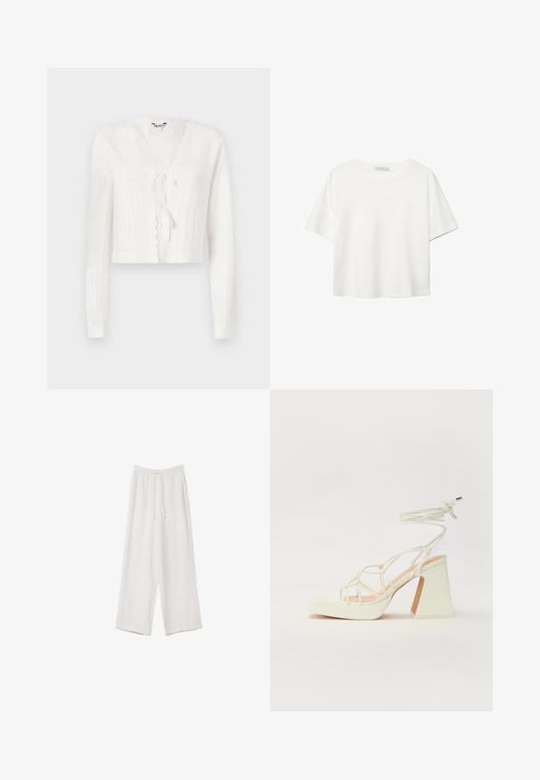 Bjela skraćena kardigan s rebrastom teksturom, valovitim rubovima i prednjim vezanjem. Sadrži složene pletene uzorke na gornjem dijelu.; Bijela majica kratkih rukava od pamuka. Ima okrugli izrez i opušteni kroj. Glatka tekstura bez vidljivih uzoraka ili naglasaka.; Bijele hlače širokih nogavica napravljene od lagane tkanine. Imaju elastičan pojas s ušicom i bočne džepove. Glatka tekstura.; Bijela sandala na visokoj potpetici s debelim petom, s remenom i vezanjem oko gležnja. Glatka tekstura s platformom sprijeda za dodatnu visinu.
