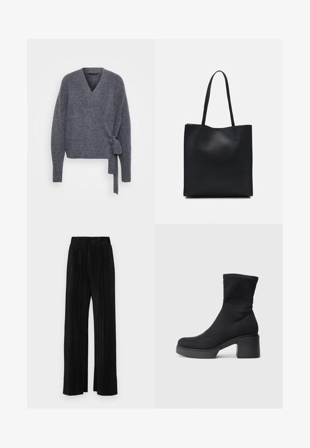 Pulover gri tricotat, cu decolteu în V, mâneci lungi și detaliu cu șnur pe lateral. Textură moale, croială lejeră și manșete ribbate.; Tricou negru din bumbac, cu mâneci scurte, peste un strat alb cu mâneci lungi, având un model texturat subtil. Design cu guler rotund.; Pantaloni negri plisati cu talie elastică. Prezintă picioare largi și un material neted, texturat, cu dungi verticale.; Bocanci negri la gleznă, cu un material elastic în partea de sus, bot rotund și toc gros pătrat. Textură netedă cu detalii de cusătură vizibile.; Geantă tote neagră din piele, cu textură netedă, formă rectangulară și două mânere lungi. Fără hardware vizibil sau ornamente.