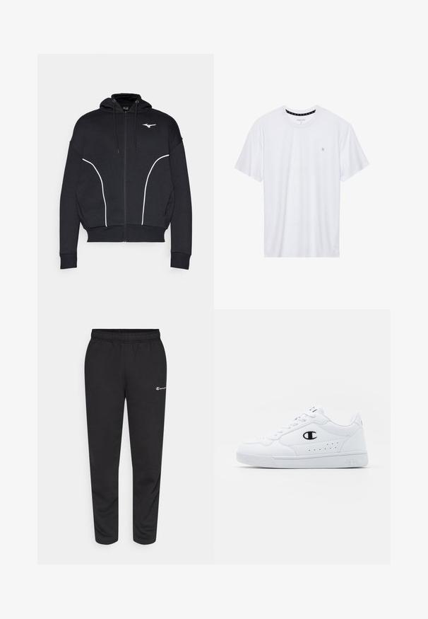 Mizuno ATHLETICS JACKET - Športna jopa s kapuco na zadrgo - black; Belo majica s kratkimi rokavi iz bombaža, z okroglim izrezom, ki na levem delu prsnega koša nosi majhen izvezen logotip. Mehka tekstura.; Črne trenirke iz mešanice bombaža, ki imajo elastičen pas in majhen bel logotip na levi strani. Zasnova zoženih hlač.; Bela atletska športna obutev z gladkim sintetičnim zgornjim delom, črnimi logotipnimi detajli in perforacijami na strani. Guma podplat.