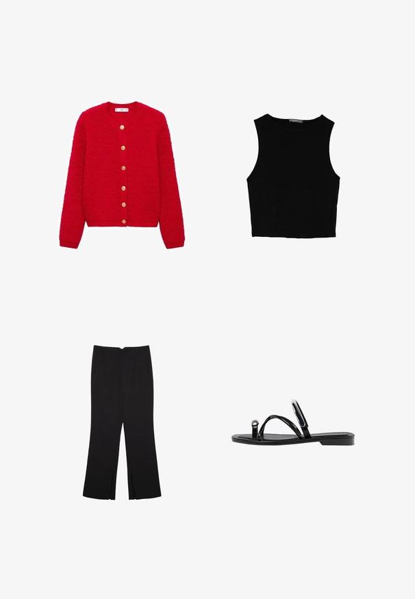 Roter Cardigan aus strukturiertem Strickstoff, mit Rundhalsausschnitt, langen Ärmeln und goldfarbenen Knöpfen auf der Vorderseite.; Schwarzes ärmelloses Crop-Top aus glattem Stoff, mit rundem Ausschnitt und einem klaren, schlichten Design ohne Muster oder Beschläge.; Schwarze Hose mit geradem Schnitt, ausgestattet mit Fronttaschen und Seitenschlitzen am Saum. Hergestellt aus weichem, glattem Stoff. Geeignet für verschiedene Anlässe.; Schwarze flache Sandalen mit glänzender Oberfläche, drei dünnen Riemen und einem runden Hardware-Detail an den Zehen. Elegantes Design mit einem minimalen Absatz.