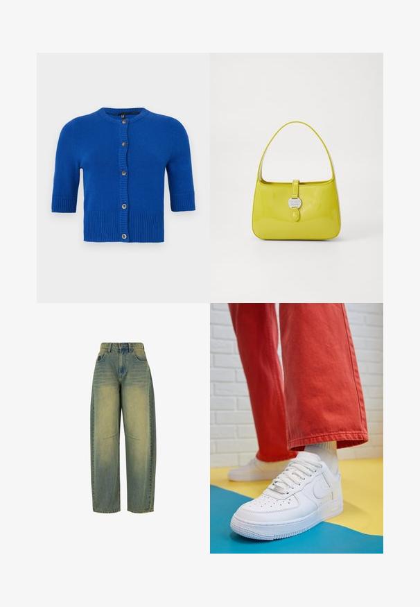 Krátký rukáv modrý cardigan vyrobený z měkkého pleteného materiálu, s ribbovaným lemem, kulatým výstřihem a zapínáním na knoflíky s kontrastními knoflíky.; Bílá tričko s krátkým rukávem vyrobené z měkké látky. Má kulatý výstřih a jednoduchý, čistý design s rovnou spodní částí.; Džínové kalhoty s širokými nohavicemi v světle modré barvě s vybledlým efektem. Obsahují pět kapes a mají vysoký pas. Čistý lem a decentní švy.; Bílé kožené tenisky s perforovanou špičkou, texturovanou podešví a bílými tkaničkami, v kombinaci s širokými červenými kalhotami a modro-žlutým pozadím.; Žlutá lakovaná kabelka se strukturovaným tvarem, horním uchem a předním uzavíráním na patent s kruhovým kovovým logem.