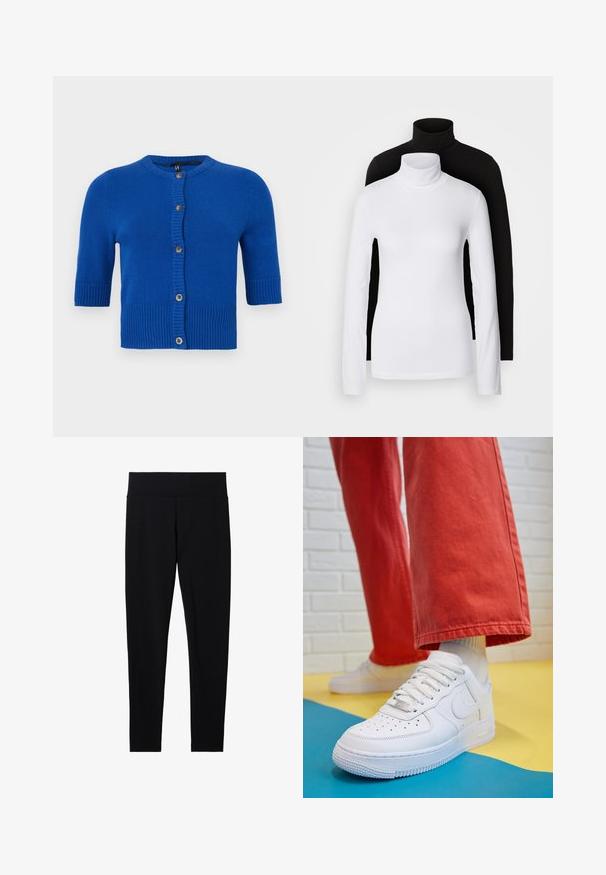 Kurzarmpullover aus weichem Strickmaterial in Blau, mit geripptem Saum, Rundhalsausschnitt und Knopfverschluss mit kontrastierenden Knöpfen.; Zwei langärmelige Rollkragenoberteile, eines weiß und eines schwarz, aus einem glatten, dehnbaren Stoff, beide mit schmalem Schnitt und hohem Kragen.; Schwarze dehnbare Leggings mit einem breiten, weichen Taillenbund, die eine glatte Textur und eine figurbetonte Silhouette aufweisen, geeignet für verschiedene Aktivitäten.; Weiße Leder-Sneaker mit perforiertem Zehenbereich, strukturiertem Sohlen und weißen Schnürsenkeln, kombiniert mit weiten roten Hosen und einem blauen und gelben Hintergrund.