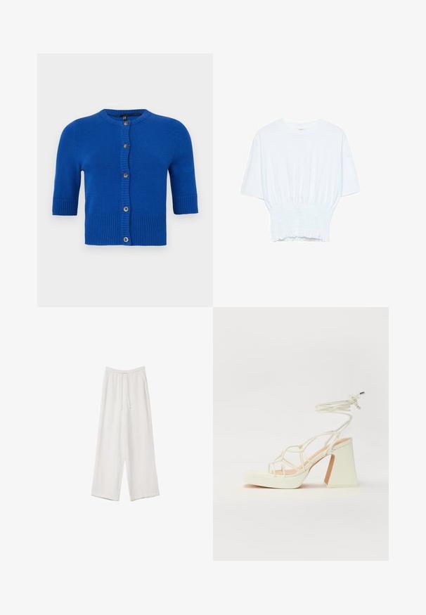 Cardigan bleu à manches courtes en doux tricot, avec un ourlet côtelé, un col rond et une fermeture à boutons avec des boutons contrastés.; T-shirt blanc à manches courtes avec une coupe décontractée et une texture froncée à la taille. Fabriqué en tissu doux et léger.; Pantalons larges blancs en tissu léger. Dotés d'une taille élastique avec cordon de serrage et de poches latérales. Texture lisse.; Sandale blanche à talons hauts avec un talon épais, présentant un design à lanières et un lien autour de la cheville. Texture lisse avec une plateforme à l'avant pour une hauteur supplémentaire.