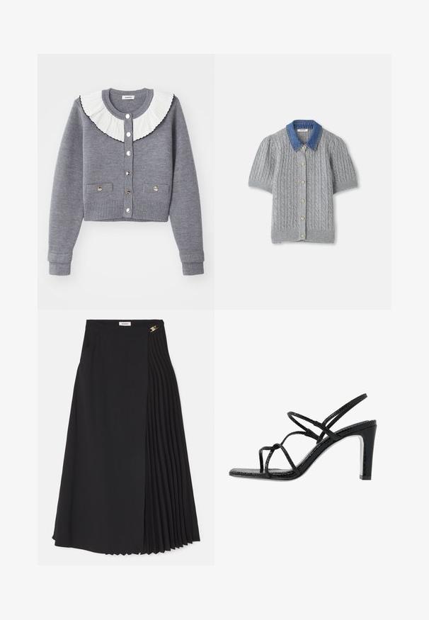 Grå cardigan med en plisseret hvid krave, knaplukning foran, to forlommer og ribbede manchetter og kant.; Grå strikket kortermet cardigan med kabelmønster, med en denimkrage og fem gullknapper foran.; Svart midiskjørt med plisserte detaljer på den ene siden, laget av lett stoff med skjult glidelås og sidelommer.; Svarte hæler med tynne stropper, teksturert finish, åpen tå og et glatt, spisst hældesign. Har en myk innersåle og en blank overflate.
