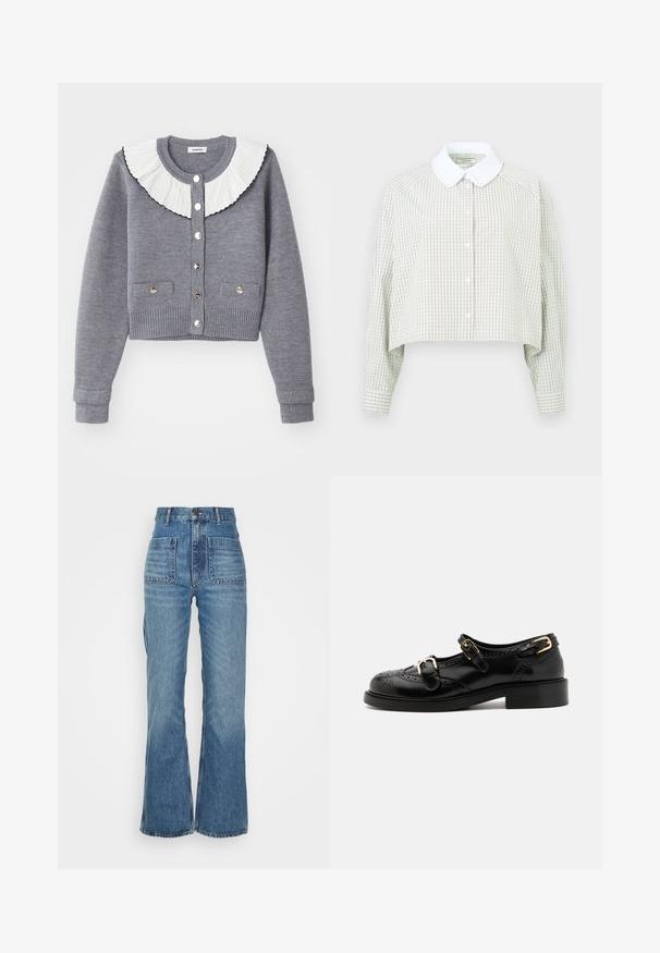 Szürke kardigán, plisszírozott fehér gallérral, gombos elülső résszel, két elülső zsebbel, valamint bordázott mandzsettákkal és aljjal.; Rövidített gombos ing világoszöld és fehér kockás mintázatban. Fehér gallérral és gombos mandzsettával ellátott hosszú ujjakkal rendelkezik. Puha anyag.; Magas derekú kék farmernadrág, szélesített lábbal, két elülső zsebbel és két hátsó zsebbel; texturált anyag, kopott hatású mosással.; Fekete bőrcipők brogue díszítéssel, két csattal, lekerekített orral és alacsony sarokkal. Simább felület fényes kivitelben.