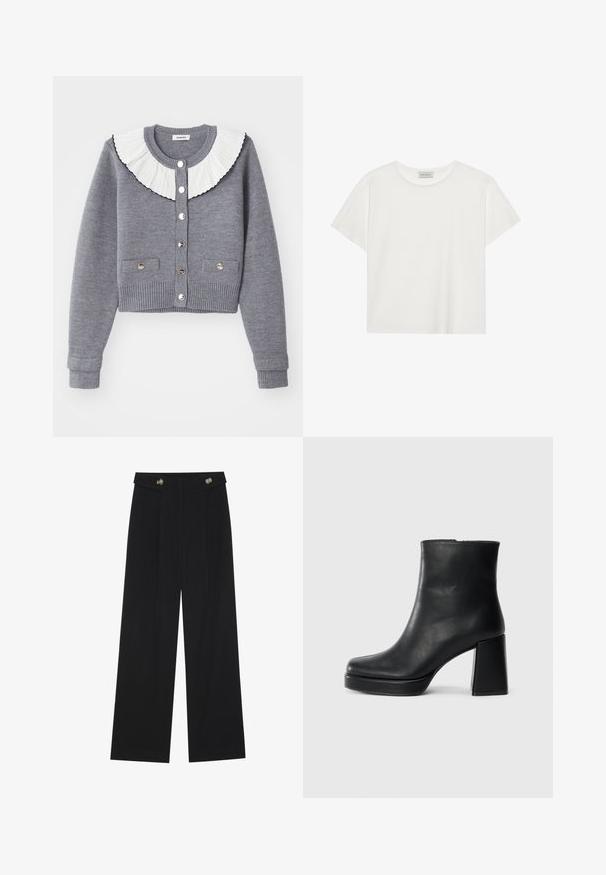 Pilkas megztinis su plisuotu baltu apykakliu, sagomis užsegamas priekinis užtrauktukas, dvi priekinės kišenės ir raukiniai ant rankovių bei apačios.; Balta trumpa rankovė T-marškiniai, pagaminti iš minkštos medvilnės. Charakterizuojami apvali kaklo iškirpte ir laisvu siluetu. Švarus dizainas be matomų raštų ar akcentų.; Juodi plačios kojos kelnės su aukštu liemeniu, sagų detalėmis ant liemens ir priekinėmis raukšlėmis.; Juodas odinis kulkšninis botas su bloku ir platformos padu, matomas šoniniu vaizdu ant balto fono.