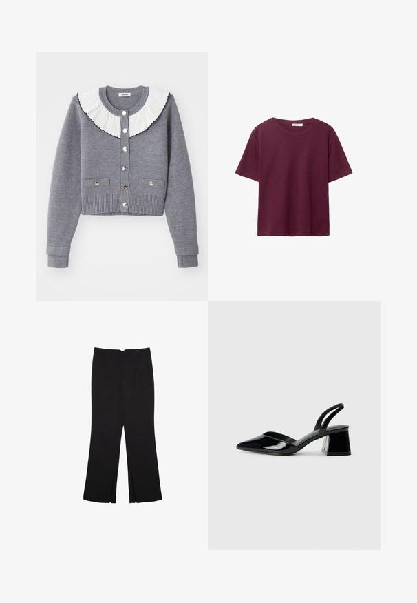 Szary kardigan z plisowanym białym kołnierzykiem, zapinany na guziki, z dwoma przednimi kieszeniami oraz ściągaczami przy mankietach i u dołu.; Bordowa koszulka z krótkim rękawem wykonana z miękkiej bawełny. Posiada klasyczny okrągły dekolt i luźny krój. Gładka tekstura, bez wzorów ani akcentów.; Czarne spodnie o prostym kroju, z przednimi kieszeniami i bocznymi rozcięciami na dole. Wykonane z miękkiego, gładkiego materiału. Odpowiednie na różne okazje.; Czarne lakierowane półbuty na obcasie z wydłużonym noskiem i geometrycznym słupkiem. Charakteryzują się eleganckim, minimalistycznym designem oraz gładką fakturą.