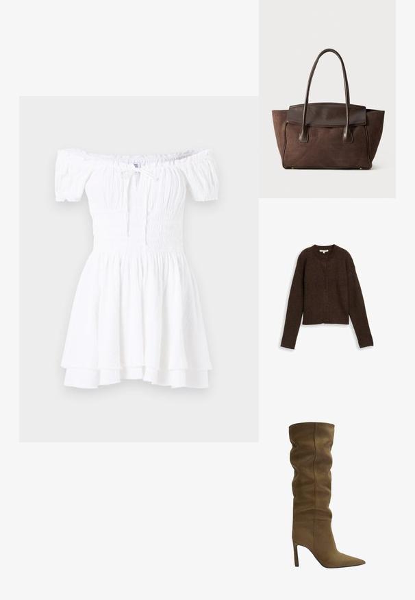 Smeđi rebrasti kardigan s okruglim izrezom, dugim rukavima i pet dugmadi sprijeda. Mekana tekstura i skraćeni dizajn.; Bijela haljina s otvorenim ramenima, s nabiranim korzetom, kratkim napuhanim rukavima i slojevitim volanima na rubu. Izrađena od lagane, teksturirane tkanine.; Maslinasto zelene suknje do koljena s uskim nosom, opuštenim gornjim dijelom dizajna i potpeticom u obliku stileta, s vidljivim šavnim detaljima.; Smeđa suđena torba za ramena s čvrstim dizajnom, glatkim kožnim detaljima, produženim ručkama i suptilnim kontrastnim šavovima.