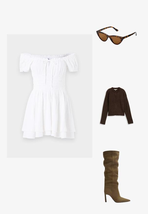 Rjav rebrast kardigan z okroglim izrezom, dolgimi rokavi in petimi gumbi spredaj. Mehka tekstura in skrajšan dizajn.; Bela obleka brez naramnic z smučanim bodicem, kratkimi oblekami z puff rukavi in večplastnim naboranim robom. Narejena iz lahkotnega, teksturiranega blaga.; Olive zelena semiš čizme do kolena s špicastim vrhom, slobodnim gornjim dizajnom i štiklom, s vidljivim detaljima šivanja.; Mačje oči sončna očala z okvirom v črno-oranžni želvej ohišji, rjavimi lečami in elegantnimi, ostrimi konicami. Imajo minimalistični logo na ročaju.