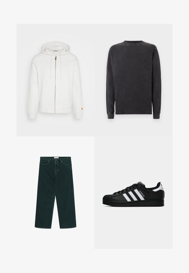 Hvit zip-up hettegenser laget av mykt stoff, med hette, frontlommer og ribbestrikkede mansjetter. Gullfarget detaljer nær glidelåsen.; Langermet genser med rund hals i mørkegrå, laget av en myk bomullsblanding. Har ribbestrikkede mansjetter og halslinning med en glatt, lett strukturert overflate.; Mørkegrønne vide denimjeans med knap- og lynlåslukning, forlommer og bæltestropper, lagt fladt på en hvid baggrund.; Svart Adidas Superstar sneakers med hvite striper, skalltå og "Superstar" tekst på siden, vist i sideprofil på hvit bakgrunn.
