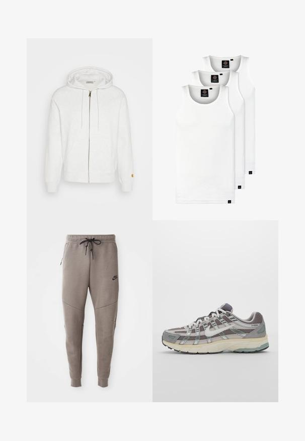 White zip-up hoodie made of soft fabric, featuring a hood, front pockets, and ribbed cuffs. Gold hardware details near zipper.; Three white ribbed tank tops made of cotton. Features a crew neck and small black labels near the hem. Available in multiple sizes.; Gray Nike sweatpants with a drawstring waistband, tapered legs, side pockets, and distinct seam detailing. Soft, textured fabric.; Gray athletic shoe featuring a mesh and suede upper, white accents, a cushioned sole, and a distinctive design with reflective elements.